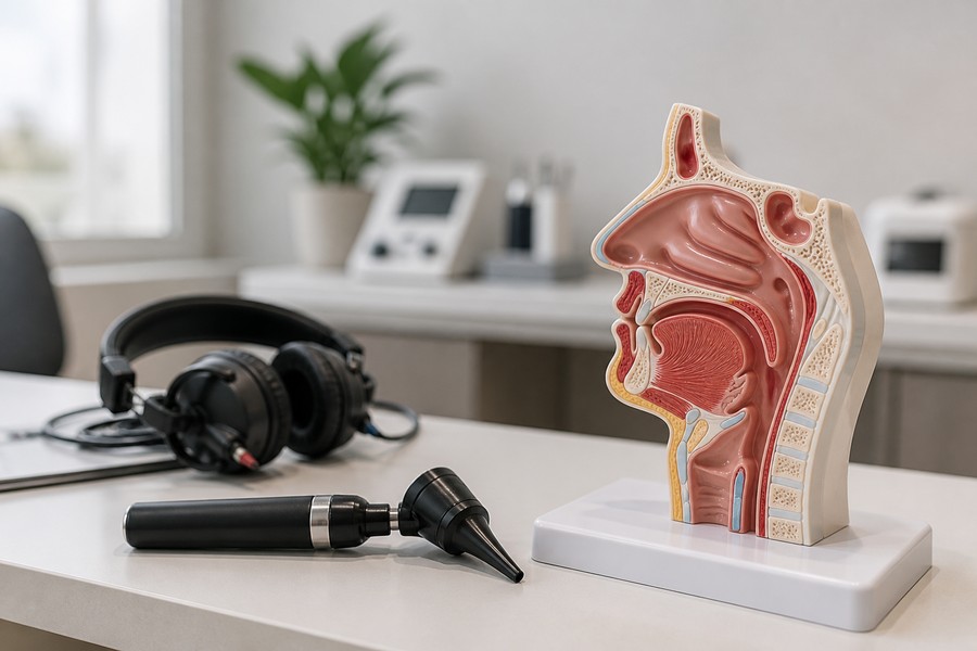 Modelo anatômico de vias aéreas e instrumentos de otorrinolaringologia em consultório