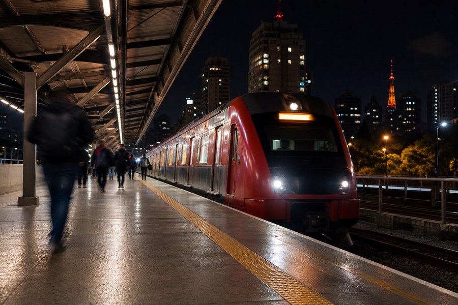 Trem urbano chegando a plataforma à noite, usado como capa sobre operação 24 horas da CPTM na Virada Cultural