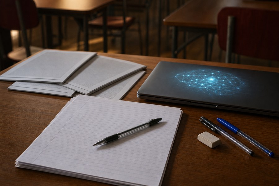 Mesa de sala de aula com folhas de redação, canetas e notebook, usada como capa da matéria sobre proibição de IA no Desafio de Redação
