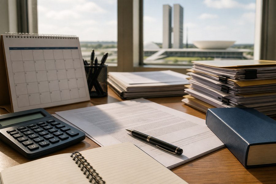 Mesa de escritório legislativo com documentos, calendário e calculadora sobre debate trabalhista