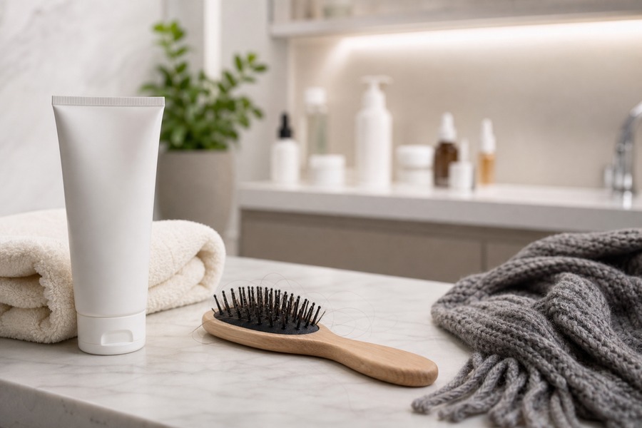 Bancada de consultório com hidratante neutro e elementos de inverno, usada como capa da matéria sobre queixas dermatológicas