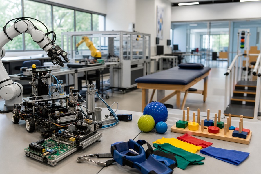 Laboratório universitário com robótica e materiais de terapia ocupacional, usado como capa da matéria sobre novos cursos da Fundação Santo André