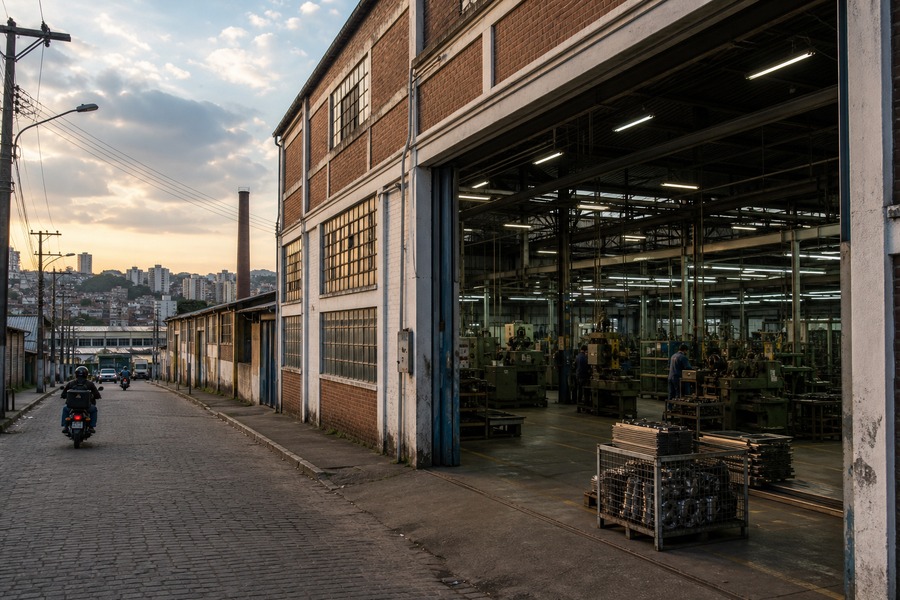Distrito industrial com fábrica antiga e produção em baixa, usado como capa da matéria sobre desindustrialização no Grande ABC