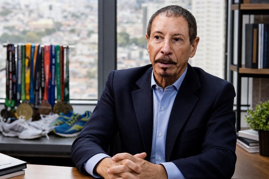 João Carolino Ramos em retrato editorial com elementos de maratona e negócios, usado como capa da matéria sobre disciplina e gestão empresarial