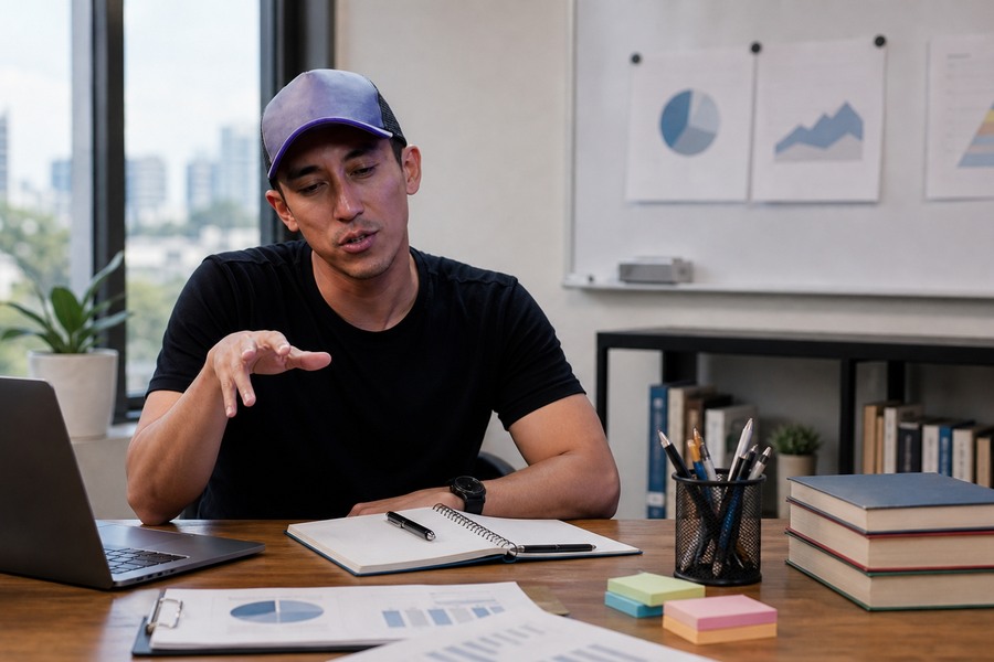 Prof. Marco Ohmori em mesa de orientação com cadernos e gráficos abstratos, usado como capa sobre método de preparação