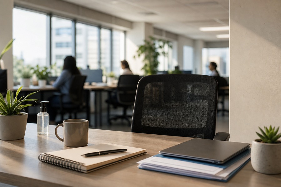 Ambiente de escritório com mesa, cadeira vazia e materiais de trabalho para ilustrar saúde mental e clima organizacional