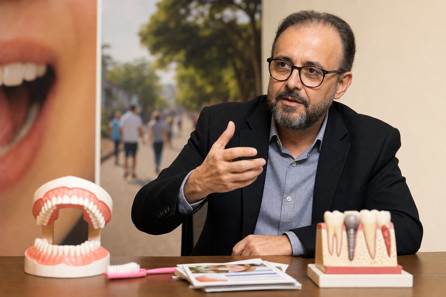 Dr. Ronaldo Dias em ação de educação em saúde bucal, usado como capa da matéria sobre o projeto Exame que Salva