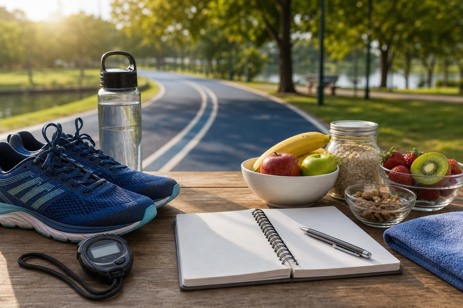 Tênis de corrida, água, frutas e caderno ao lado de pista, usados como capa da matéria sobre treino e longevidade