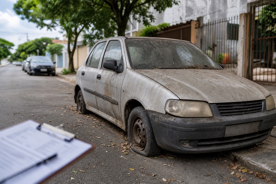 Carro abandonado em rua urbana para ilustrar operação de Santo André contra veículos em situação de abandono