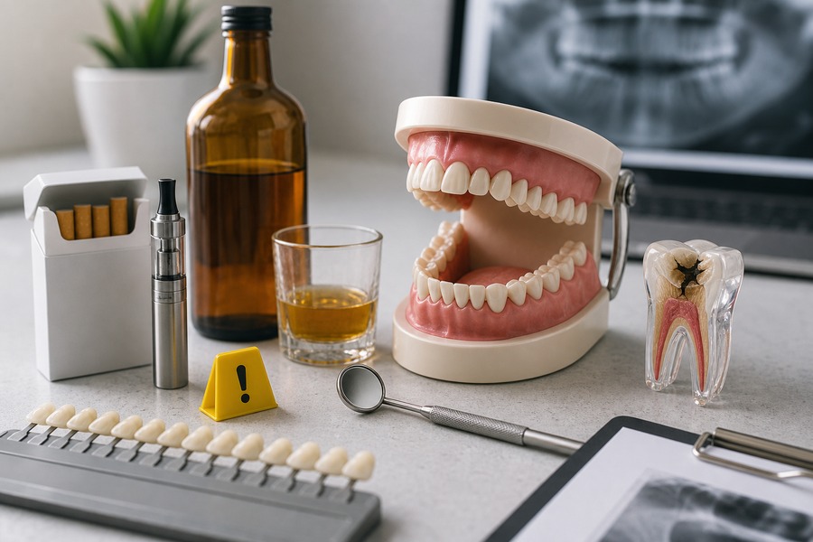 Modelo odontológico e objetos simbólicos de fatores de risco, usados como capa da matéria sobre câncer bucal