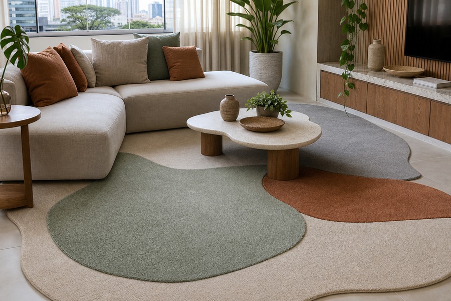 Sala com tapetes orgânicos coloridos, usada como capa sobre decoração de ambientes