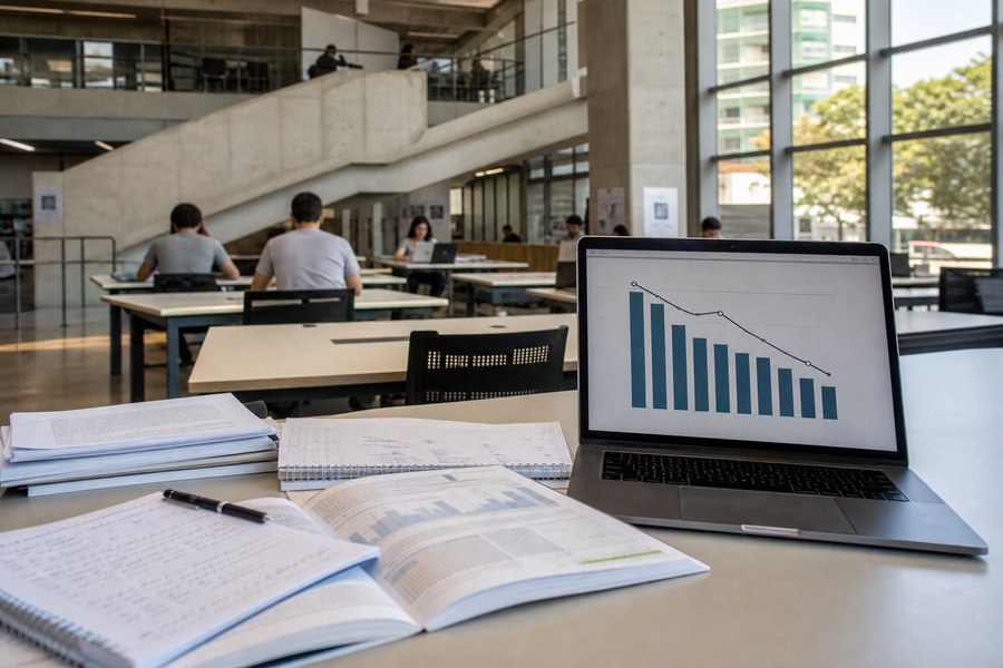 Mesa de estudos em campus universitário com laptop exibindo gráfico abstrato de queda