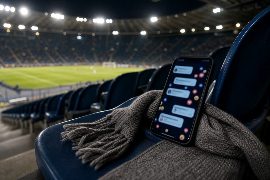 Celular com notificações abstratas sobre cadeira de estádio após partida de futebol