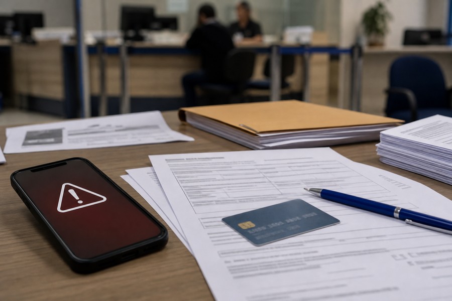 Documentos e celular com alerta usados como capa sobre fraude bancária e reclamação no Procon